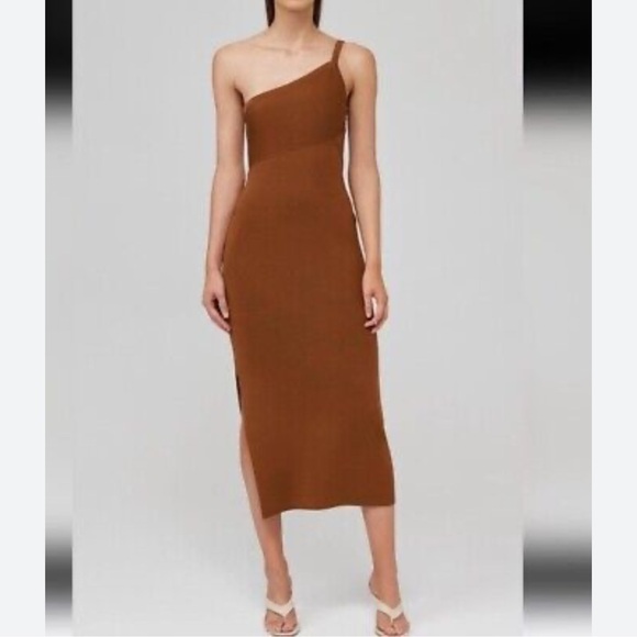 House of Harlow 1960 Ribbed One Shoulder Midi Dress Size Medium NWTS Brown - Picture 5 of 5